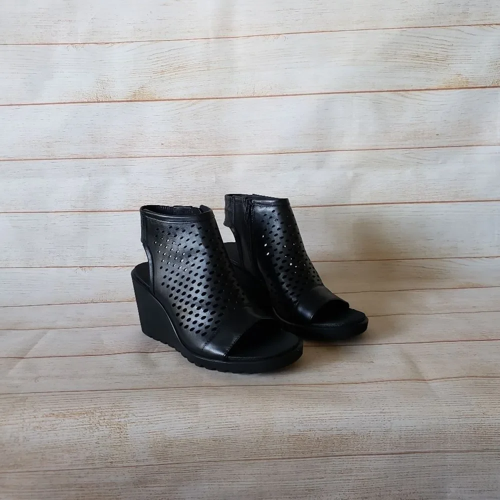 ECCO Freja Wedge Leather Sandal Bootie Ankle Boot Open Toe Laser Cut Black